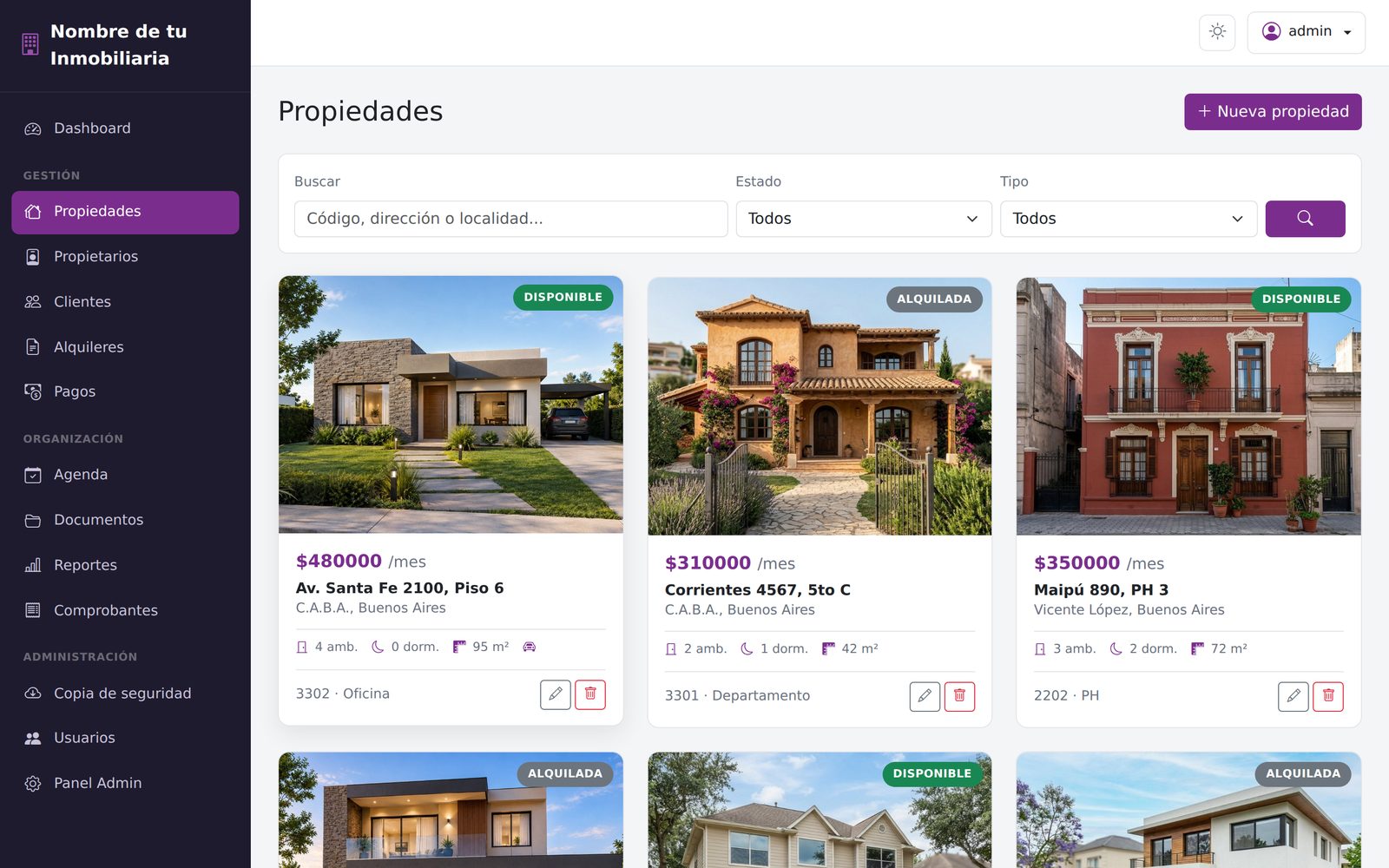 Listado de propiedades con fotos, precio y estado