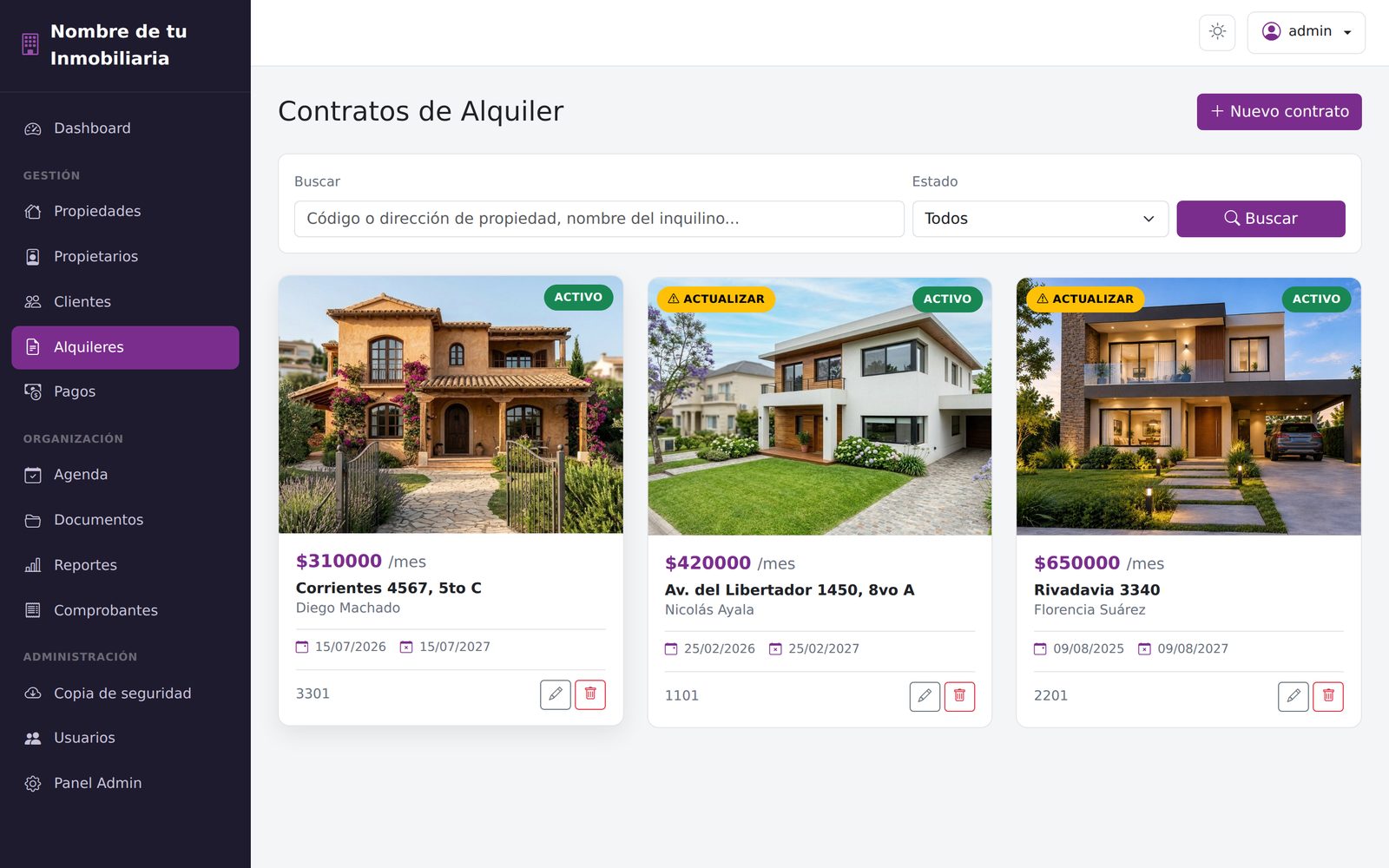 Listado de contratos de alquiler con vencimientos y alertas de actualización