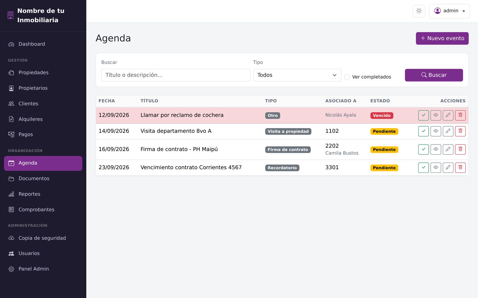 Agenda con visitas, firmas de contrato y recordatorios